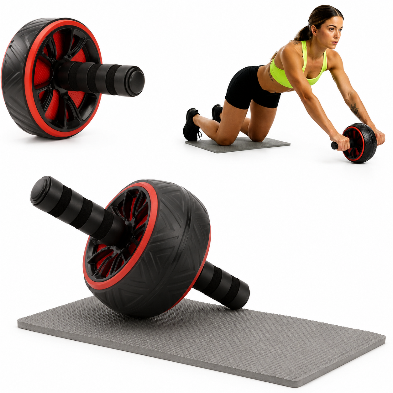 Roata fitness pentru exercitii abdomen cu manere antiderapante si covoras protectie genunchi, 16x9 cm, negru - imagine 8