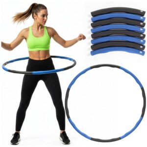 Cerc Hula Hoop pentru antrenament fitness, pliabil din 8 segmente, diametru reglabil 67-88 cm, 1 kg, gri si albastru