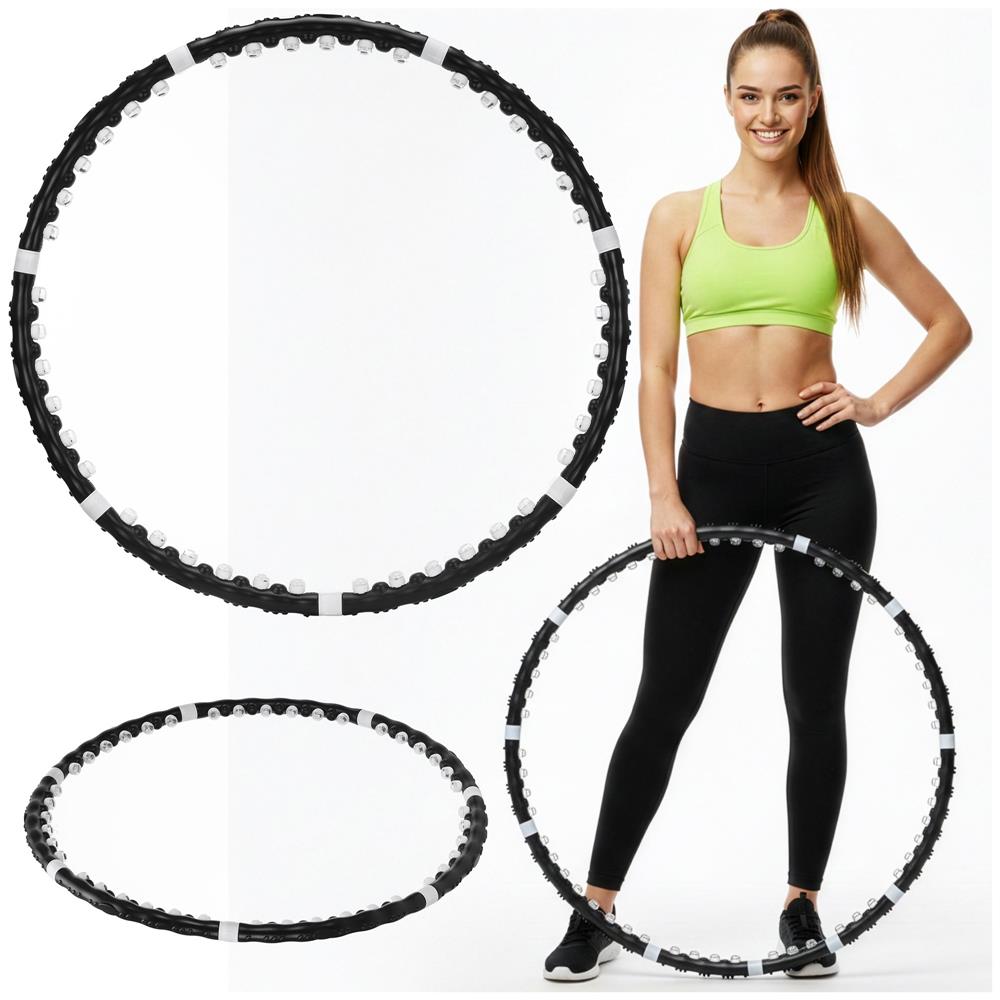 Cerc Hula Hoop pentru antrenament fitness, cu 42 elemente de masaj cu magneti, 7 segmente, 100 cm, 1 kg, negru - imagine 2