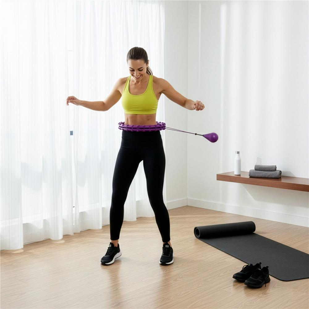 Cerc Hula Hoop pentru antrenament fitness, reglabil, cu greutate suplimentara si functie de masaj, 50-120 cm, mov - imagine 2