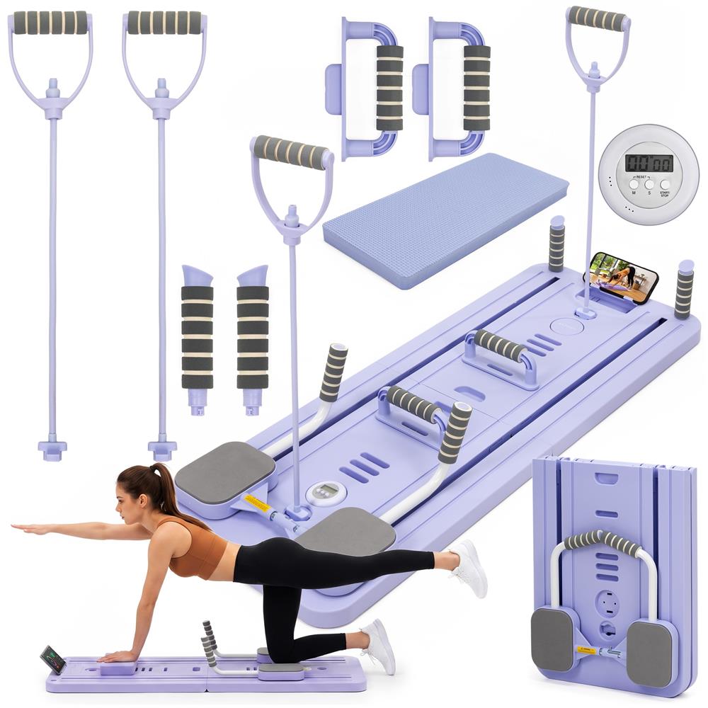 Placa multifunctionala pentru exercitii fitness sau pilates, pliabila, cu timer LCD si benzi elastice, 106x41x3 cm, mov - imagine 2