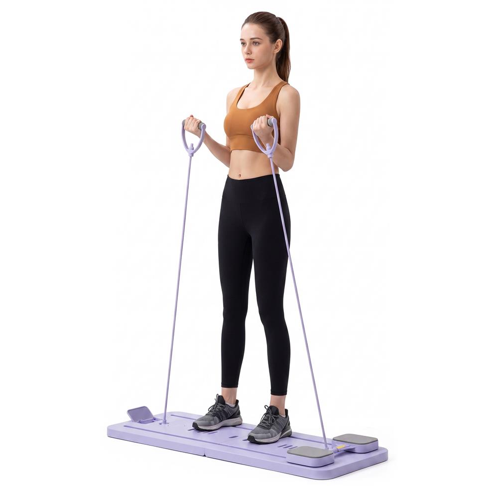 Placa multifunctionala pentru exercitii fitness sau pilates, pliabila, cu timer LCD si benzi elastice, 106x41x3 cm, mov - imagine 19