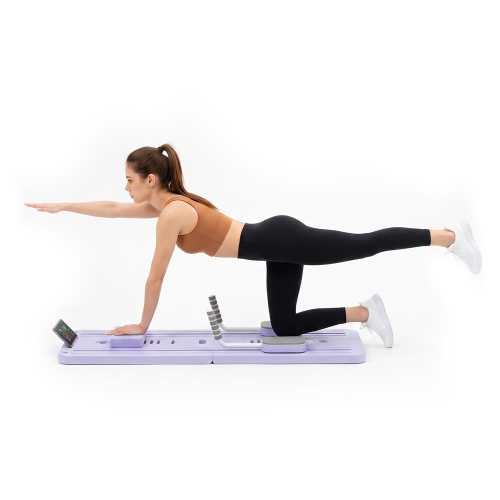 Placa multifunctionala pentru exercitii fitness sau pilates, pliabila, cu timer LCD si benzi elastice, 106x41x3 cm, mov - imagine 20