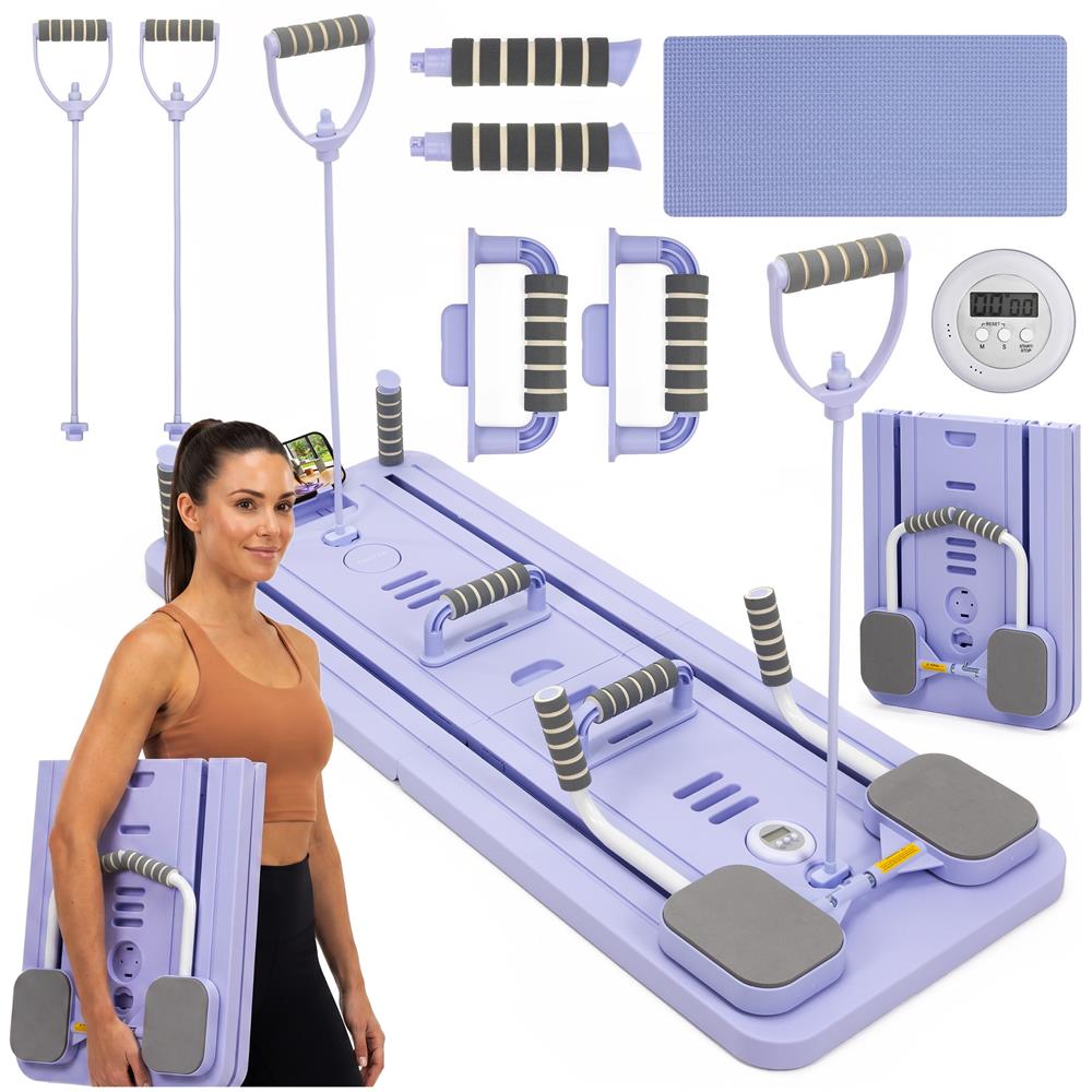 Placa multifunctionala pentru exercitii fitness sau pilates, pliabila, cu timer LCD si benzi elastice, 106x41x3 cm, mov - imagine 3