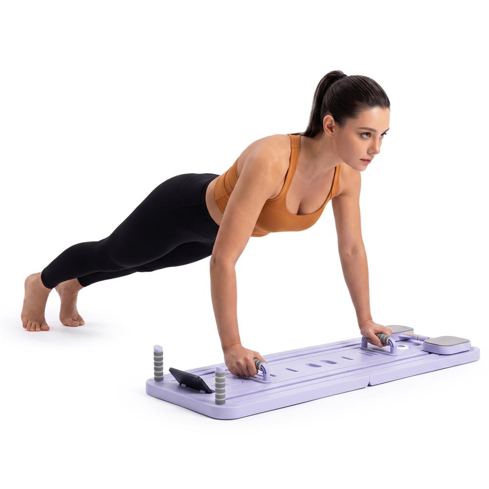 Placa multifunctionala pentru exercitii fitness sau pilates, pliabila, cu timer LCD si benzi elastice, 106x41x3 cm, mov - imagine 21