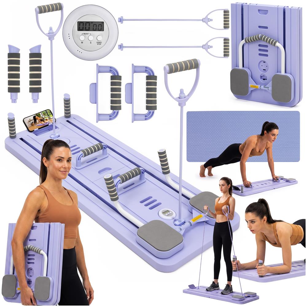 Placa multifunctionala pentru exercitii fitness sau pilates, pliabila, cu timer LCD si benzi elastice, 106x41x3 cm, mov - imagine 4