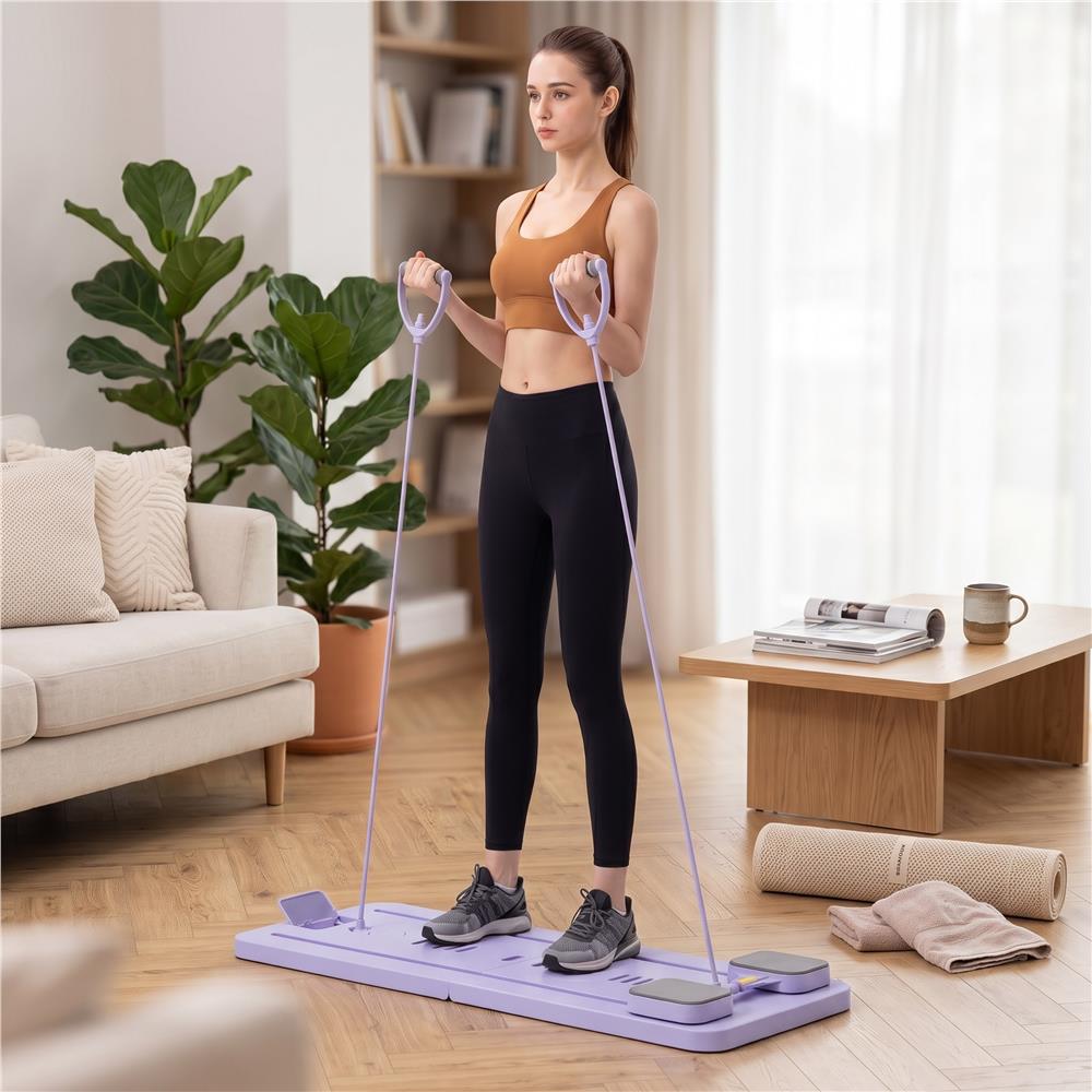 Placa multifunctionala pentru exercitii fitness sau pilates, pliabila, cu timer LCD si benzi elastice, 106x41x3 cm, mov - imagine 41