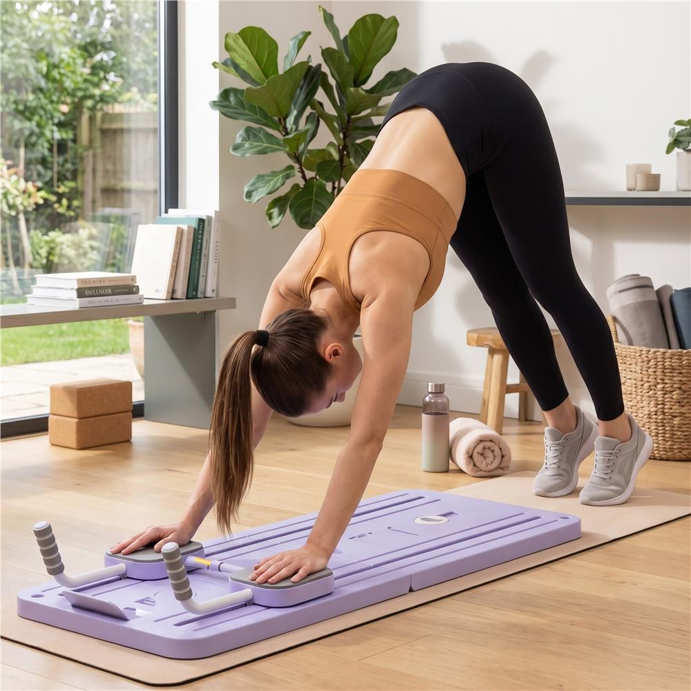Placa multifunctionala pentru exercitii fitness sau pilates, pliabila, cu timer LCD si benzi elastice, 106x41x3 cm, mov - imagine 42