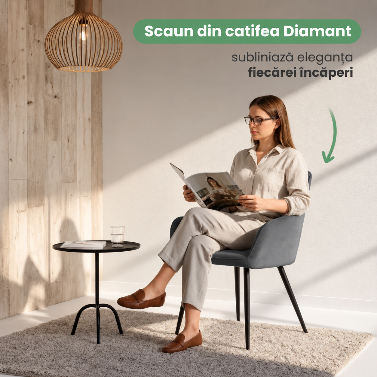 Set 2 scaune dining tapitate din catifea Diamante, 55x58x83 cm, maxim 120 kg, gri grafit - imagine 7