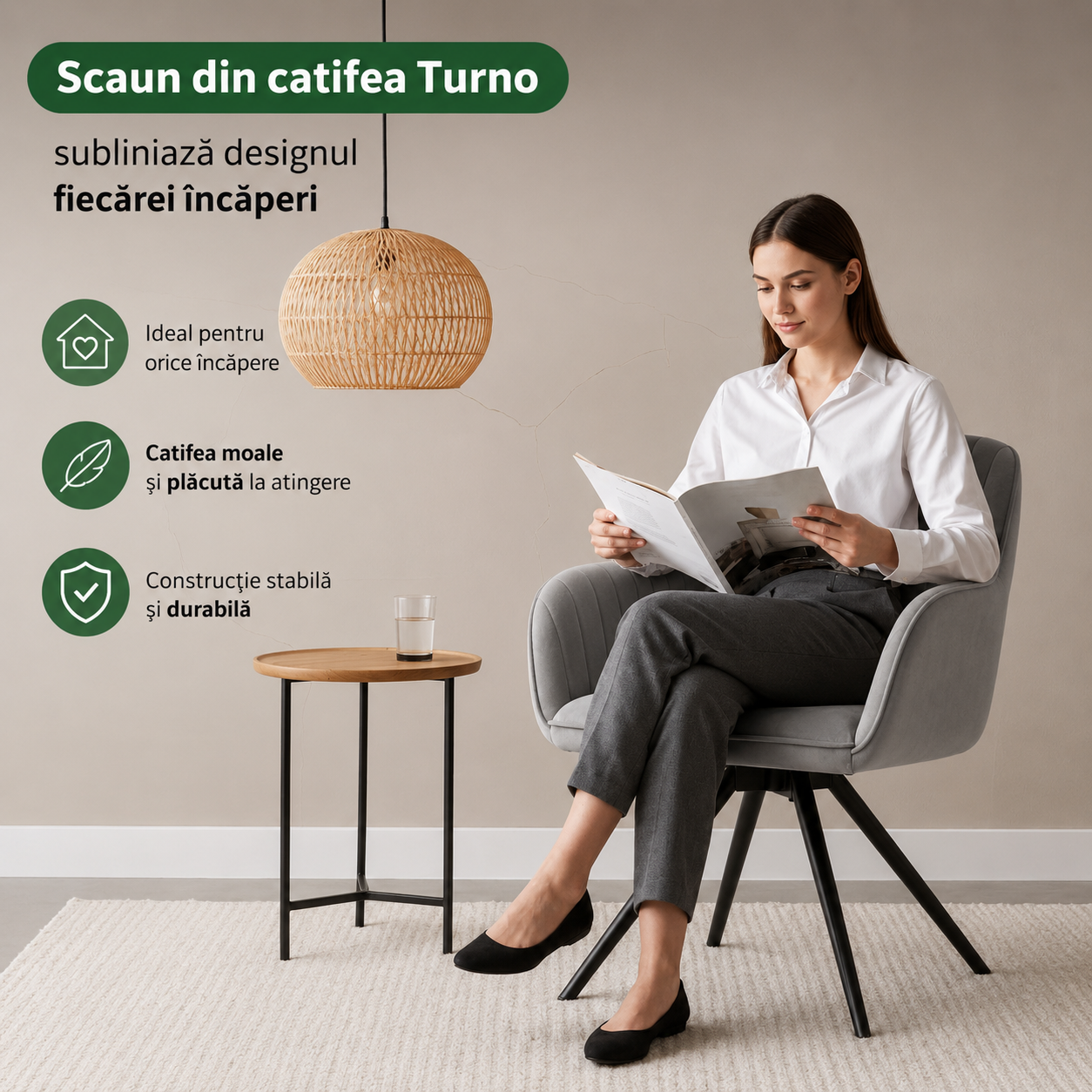 Set 2 scaune dining rotative tapitate din catifea Turno, 55x58x83 cm, maxim 120 kg, gri - imagine 3