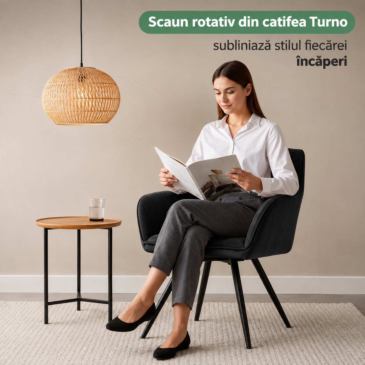 Set 2 scaune dining rotative tapitate din catifea Turno, 55x58x83 cm, maxim 120 kg, negru - imagine 3