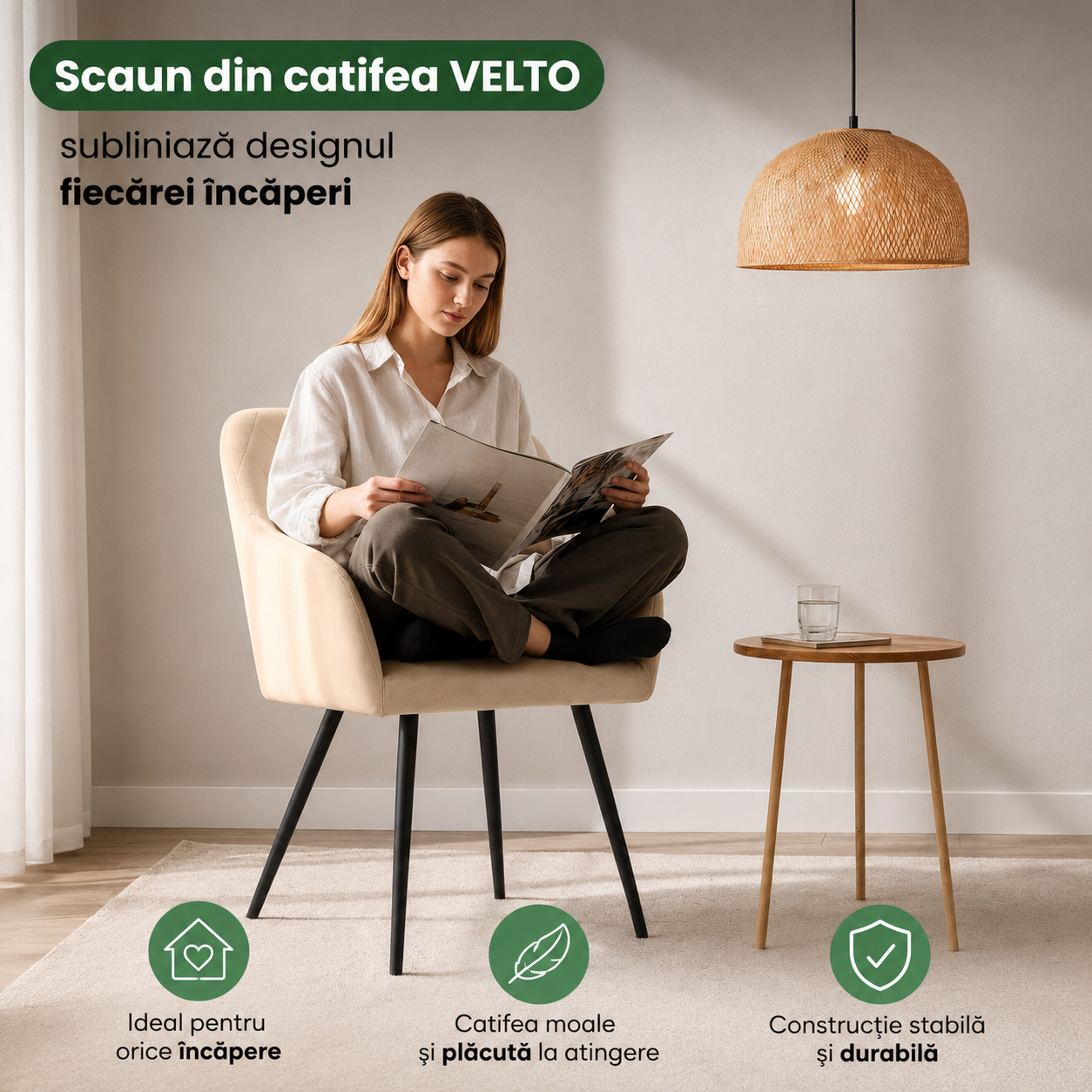 Set 2 scaune dining tapitate Velto, catifea, matlasate cu romburi, 52x58x82 cm, maxim 120 kg, bej - imagine 5