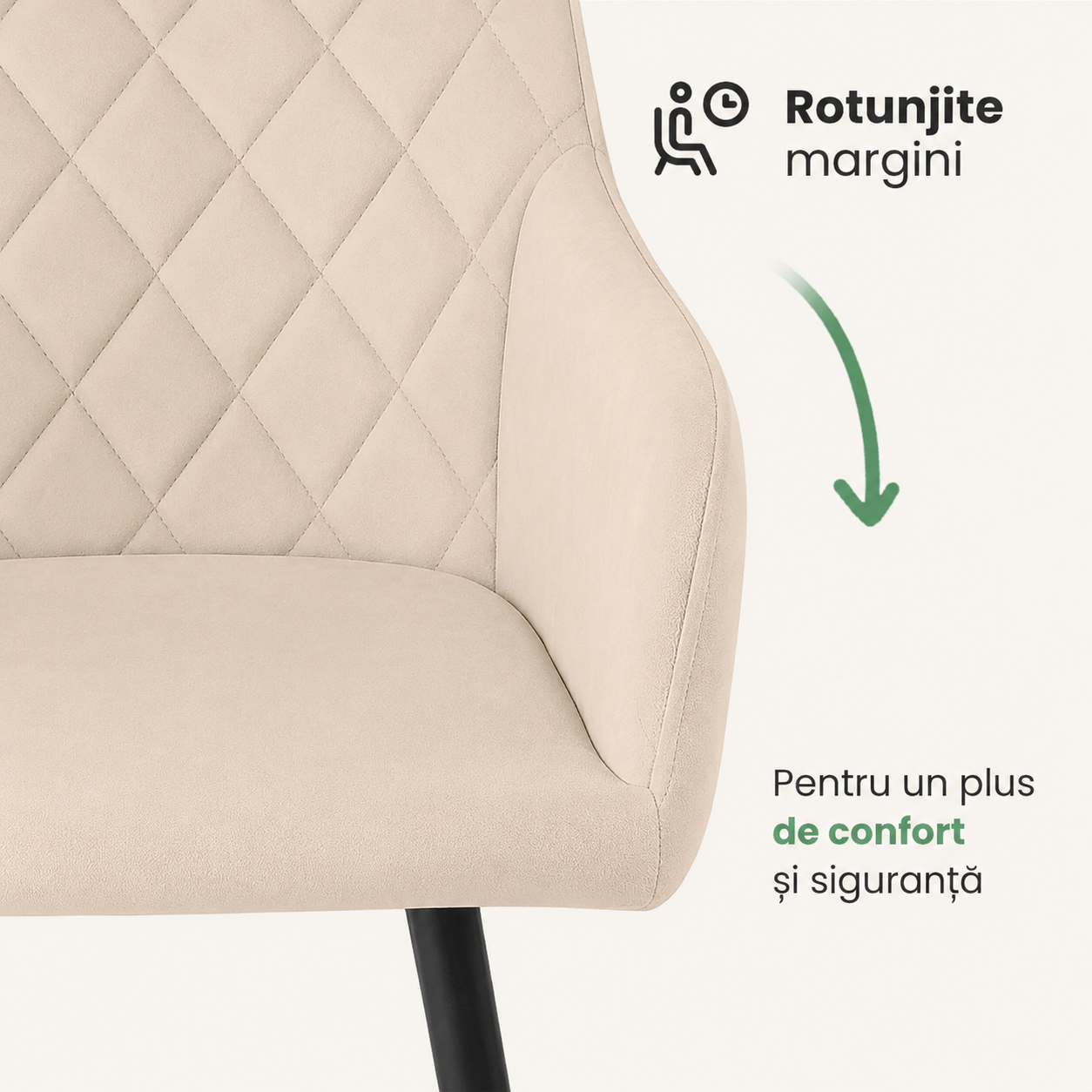 Set 2 scaune dining tapitate Velto, catifea, matlasate cu romburi, 52x58x82 cm, maxim 120 kg, bej - imagine 9
