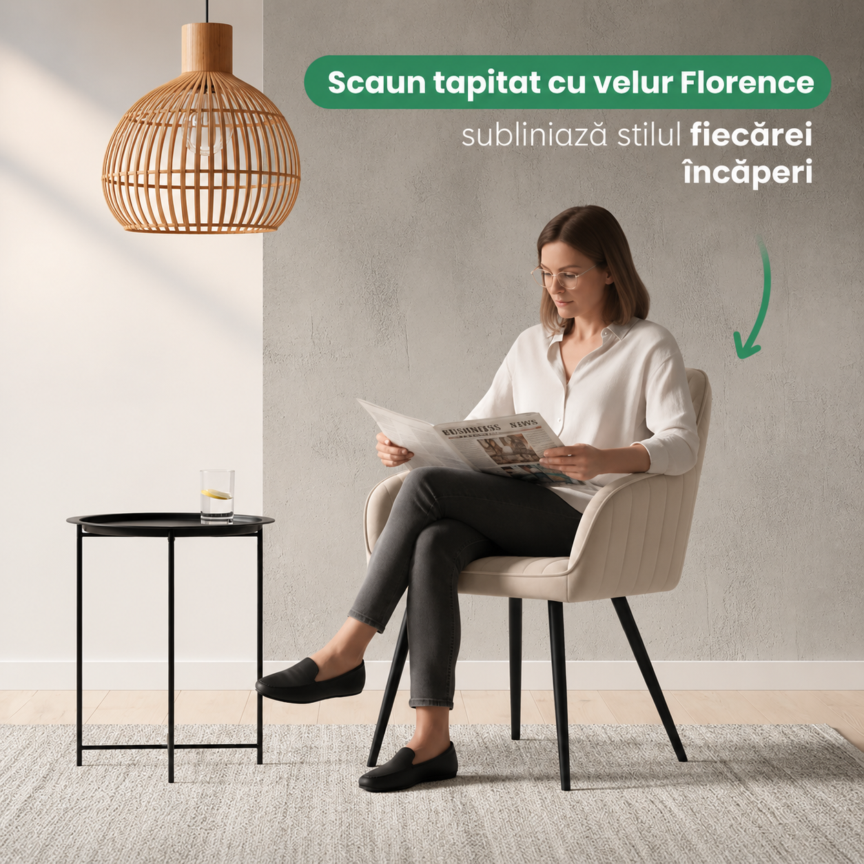Set 2 scaune dining tapitate din velur Florence, 55x58x82 cm, maxim 120 kg, bej - imagine 7