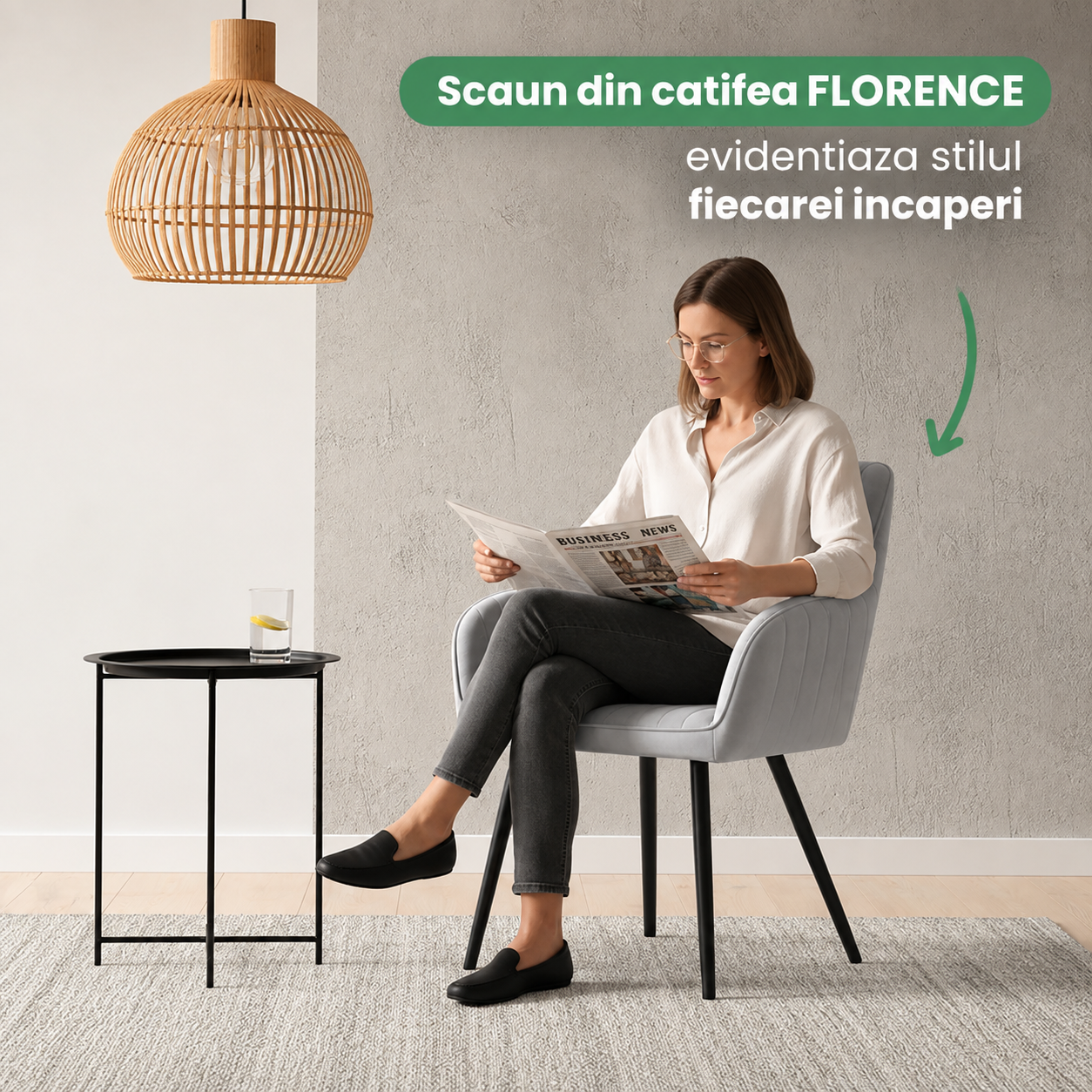 Set 2 scaune dining tapitate din velur Florence, 55x58x82 cm, maxim 120 kg, gri - imagine 4