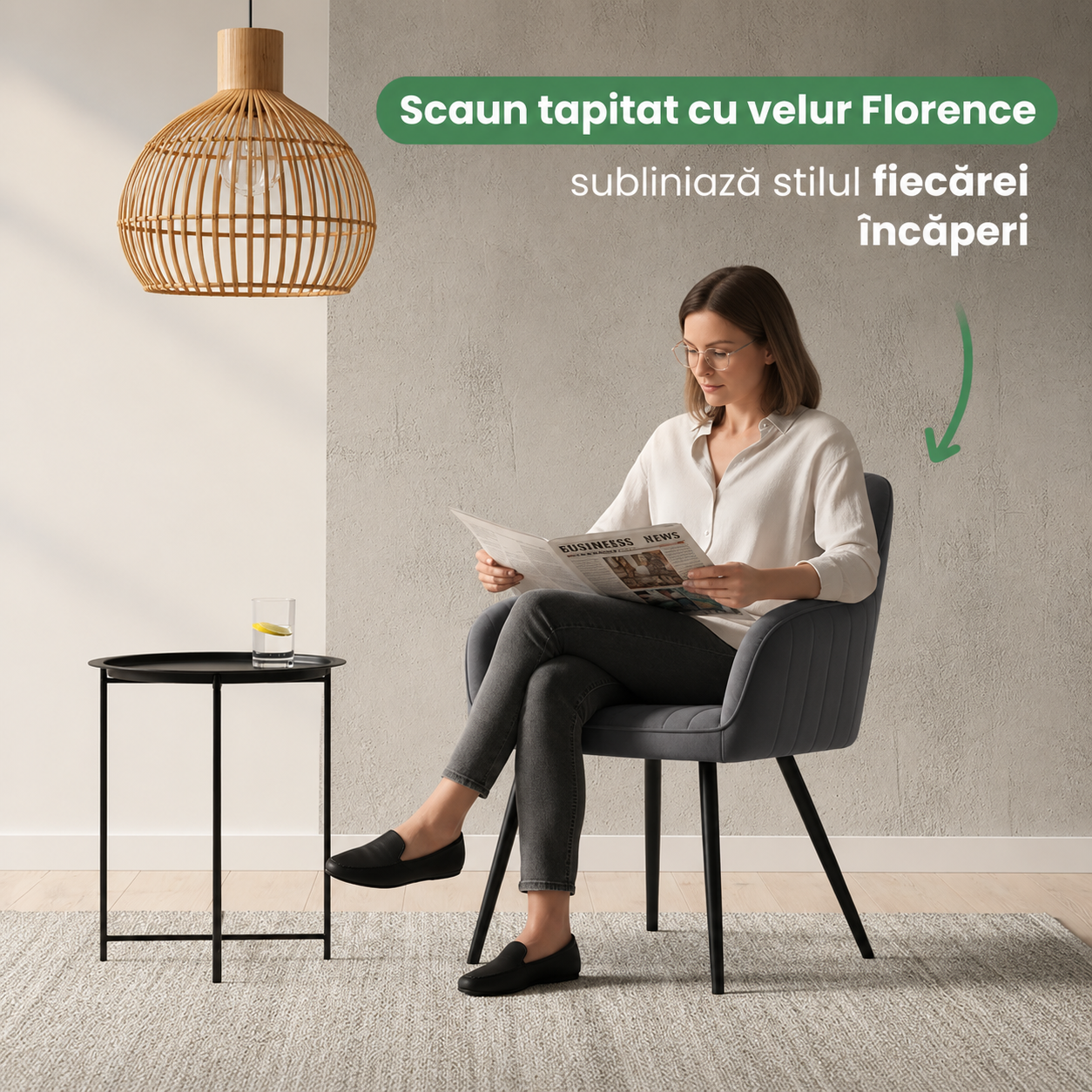 Set 2 scaune dining tapitate din velur Florence, 55x58x82 cm, maxim 120 kg, gri grafit - imagine 9