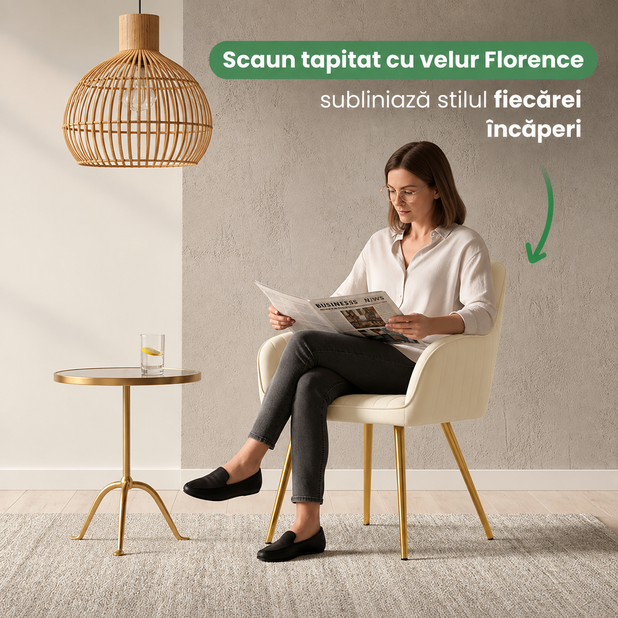 Set 2 scaune dining tapitate din velur Florence, 55x58x82 cm, maxim 120 kg, crem - imagine 9