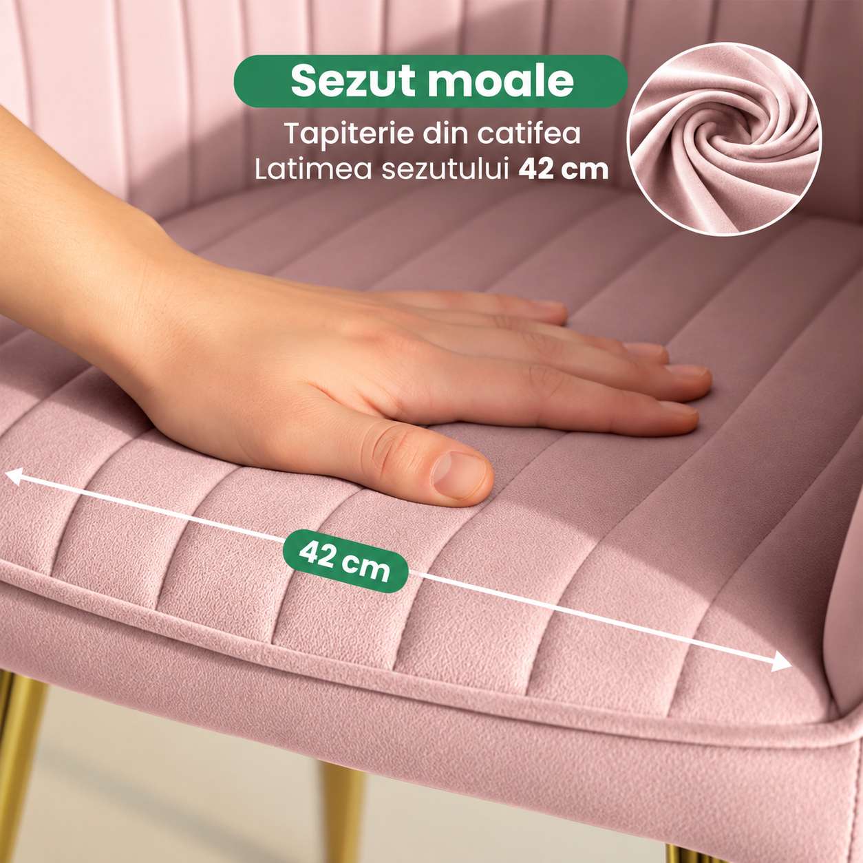 Set 2 scaune dining tapitate din velur Florence, 55x58x82 cm, maxim 120 kg, roz - imagine 3