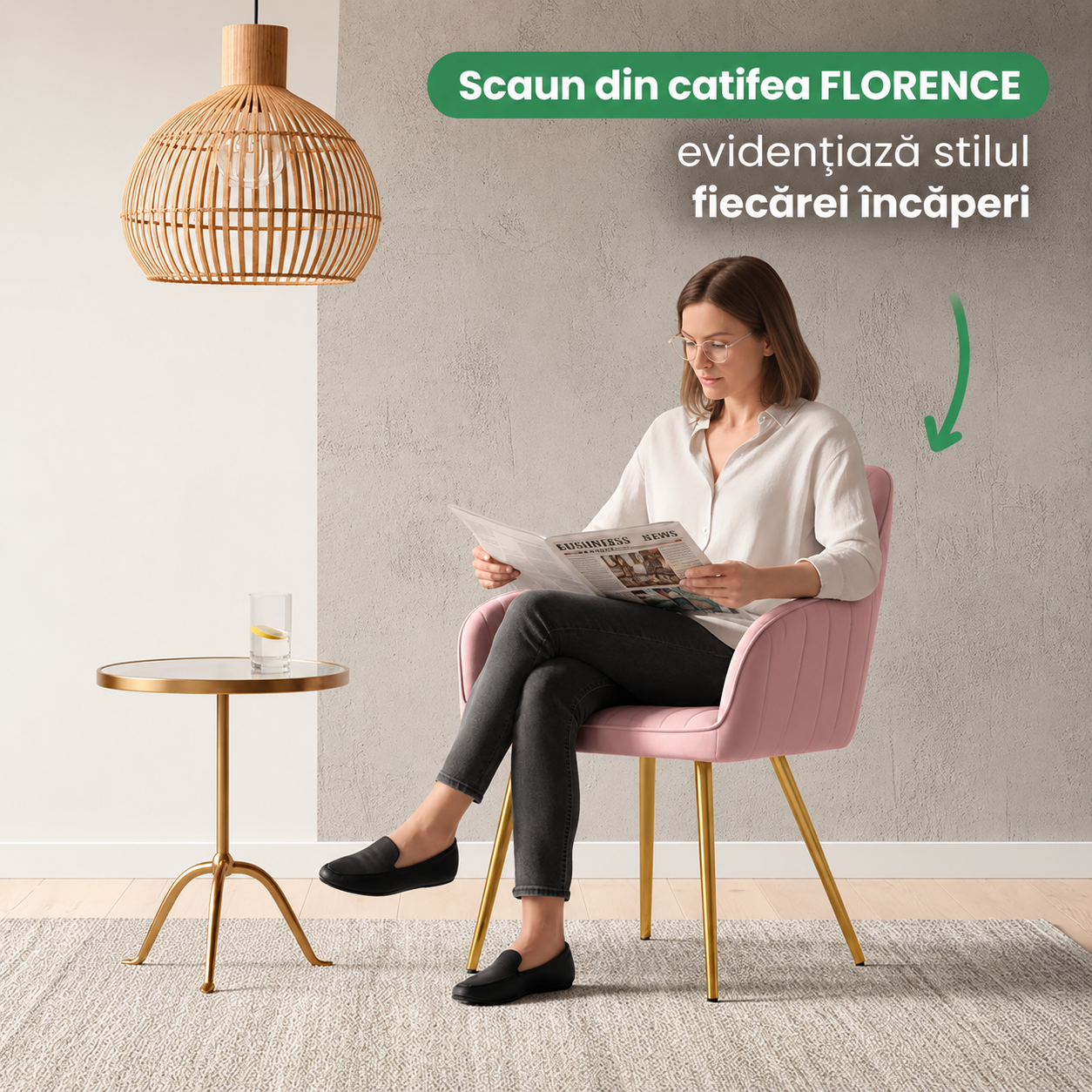 Set 2 scaune dining tapitate din velur Florence, 55x58x82 cm, maxim 120 kg, roz - imagine 9