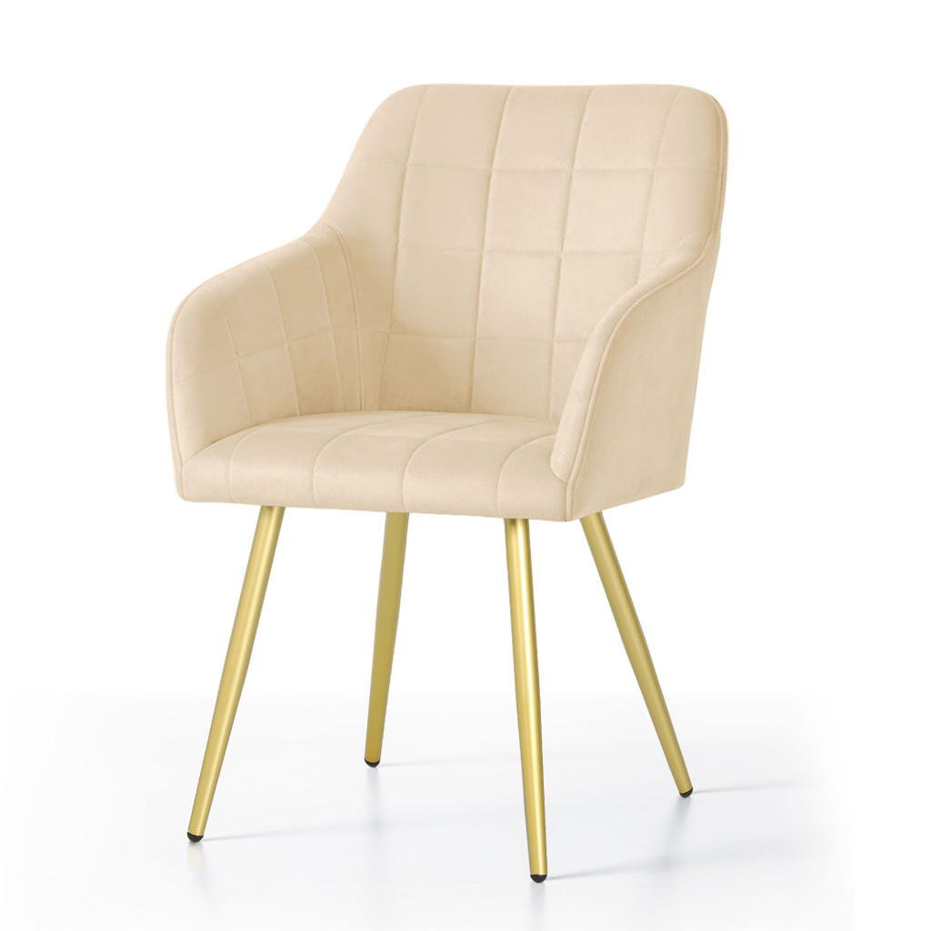 Set 2 scaune dining tapitate cu velur Luxano, cusaturi patrate, picioare aurii, 54x58x82 cm, bej - imagine 2