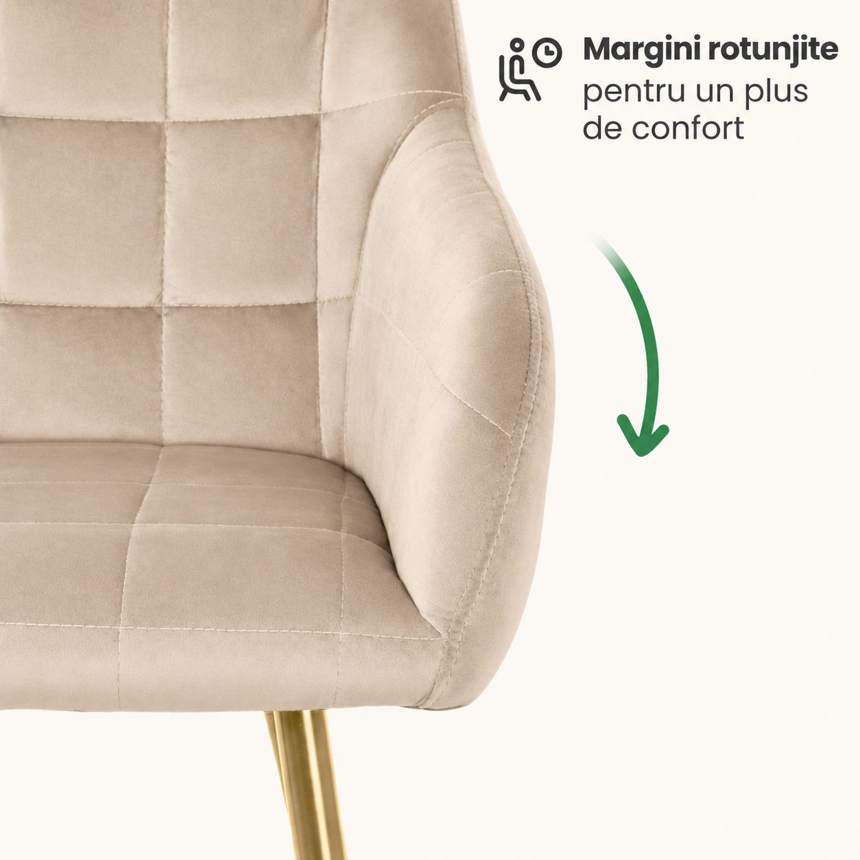 Set 2 scaune dining tapitate cu velur Luxano, cusaturi patrate, picioare aurii, 54x58x82 cm, bej - imagine 3