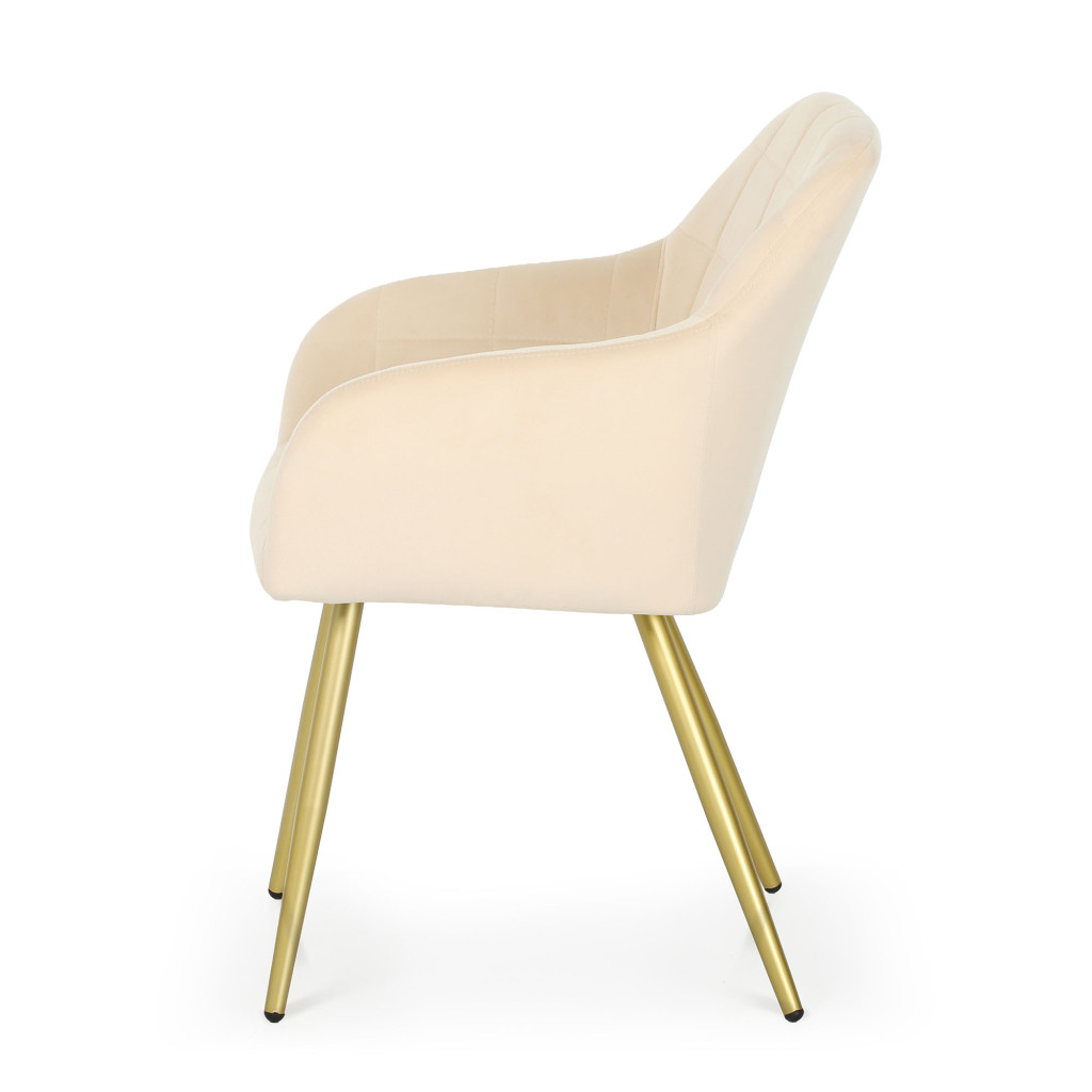 Set 2 scaune dining tapitate cu velur Luxano, cusaturi patrate, picioare aurii, 54x58x82 cm, bej - imagine 4