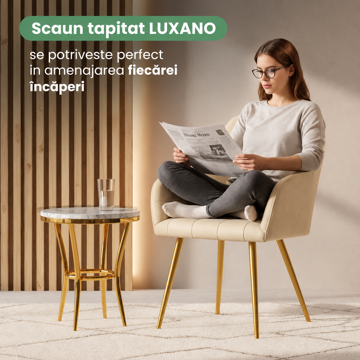 Set 2 scaune dining tapitate cu velur Luxano, cusaturi patrate, picioare aurii, 54x58x82 cm, bej - imagine 5