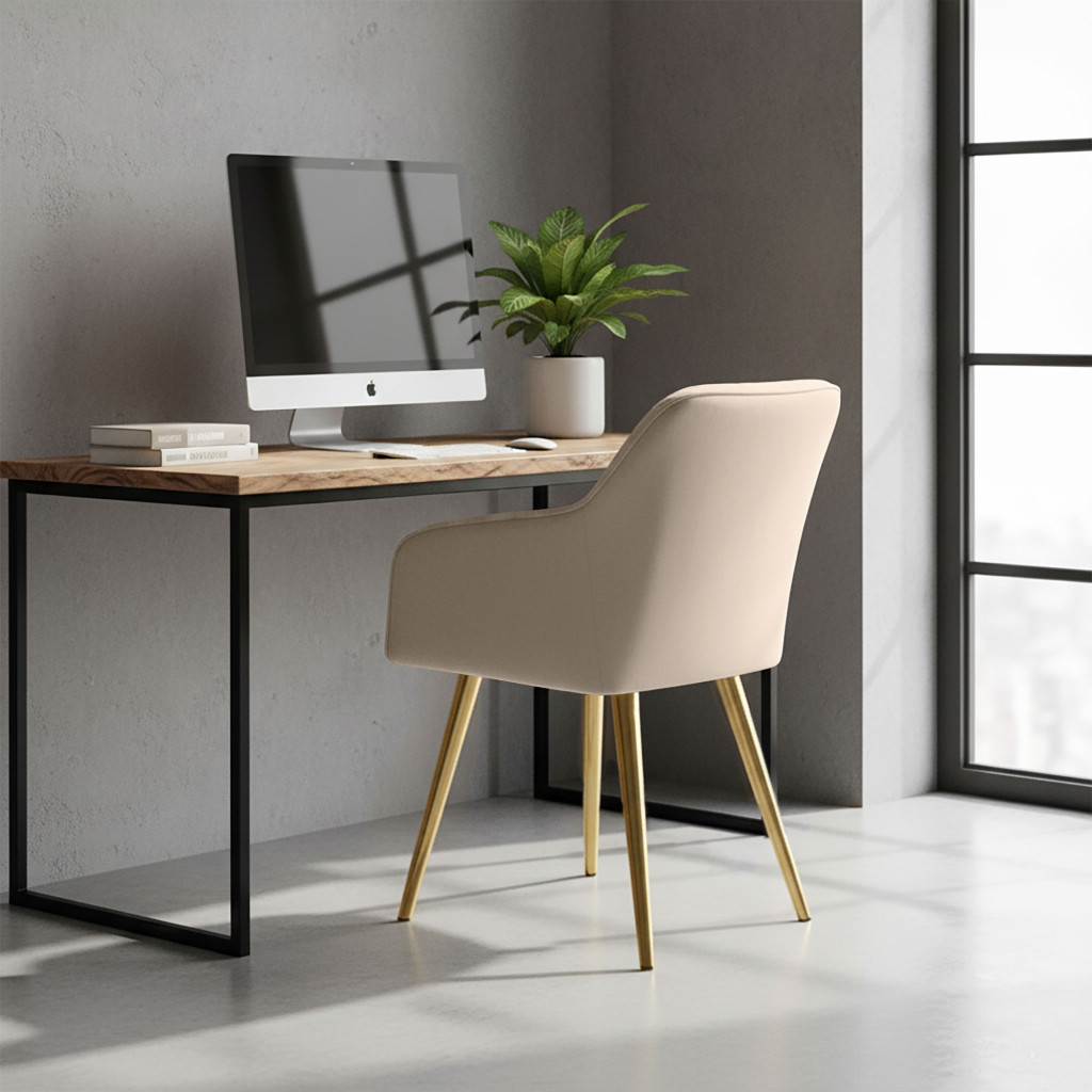 Set 2 scaune dining tapitate cu velur Luxano, cusaturi patrate, picioare aurii, 54x58x82 cm, bej - imagine 8