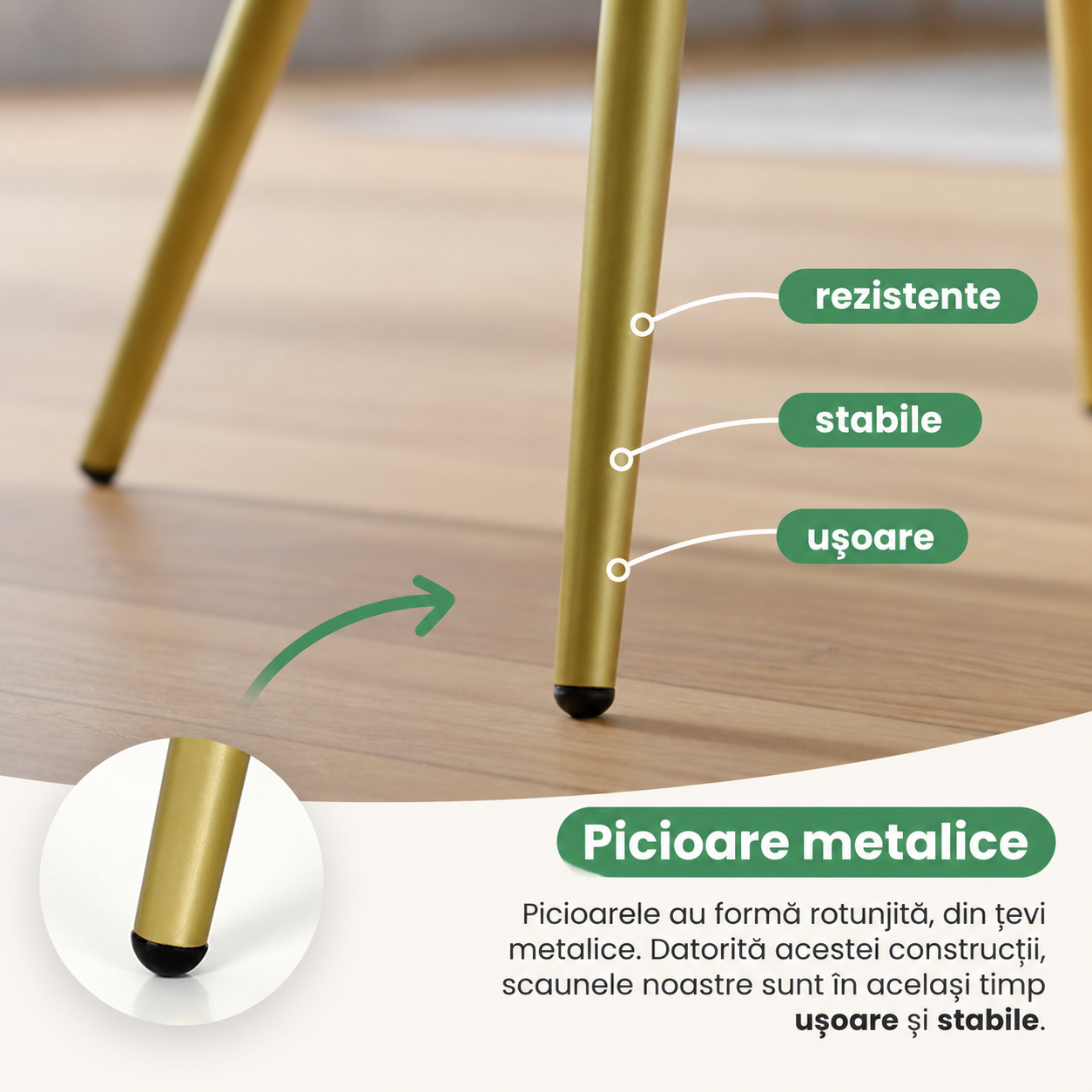 Set 2 scaune dining tapitate cu velur Luxano, cusaturi patrate, picioare aurii, 54x58x82 cm, bej - imagine 9