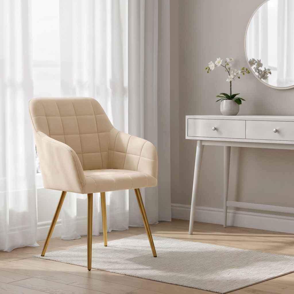 Set 2 scaune dining tapitate cu velur Luxano, cusaturi patrate, picioare aurii, 54x58x82 cm, bej - imagine 12