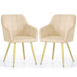 Set 2 scaune dining tapitate cu velur Luxano, cusaturi patrate, picioare aurii, 54x58x82 cm, bej