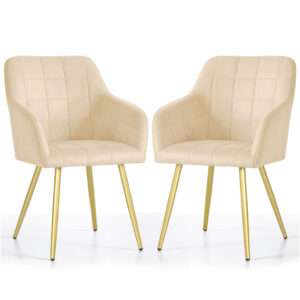 Set 2 scaune dining tapitate cu velur Luxano, cusaturi patrate, picioare aurii, 54x58x82 cm, bej