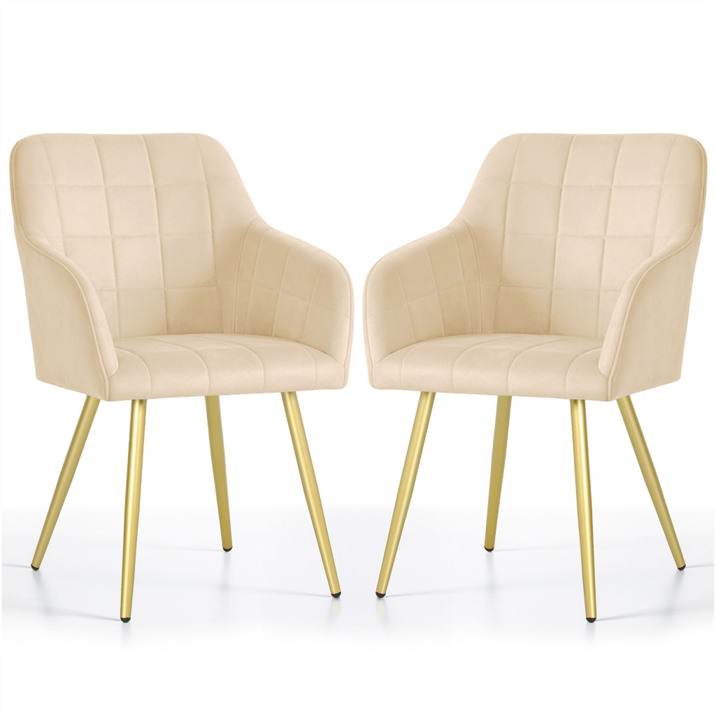 Set 2 scaune dining tapitate cu velur Luxano, cusaturi patrate, picioare aurii, 54x58x82 cm, bej