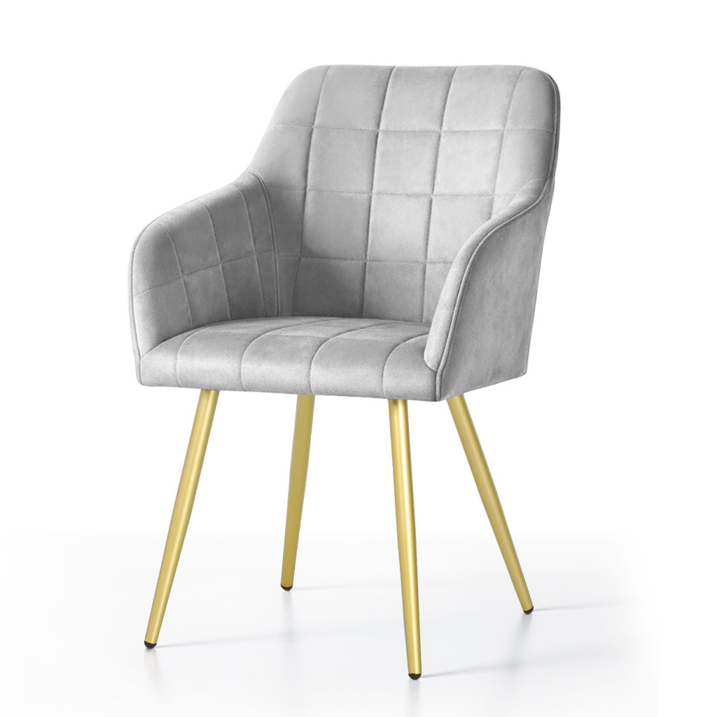Set 2 scaune dining tapitate cu velur Luxano, cusaturi patrate, picioare aurii, 54x58x82 cm, gri - imagine 2