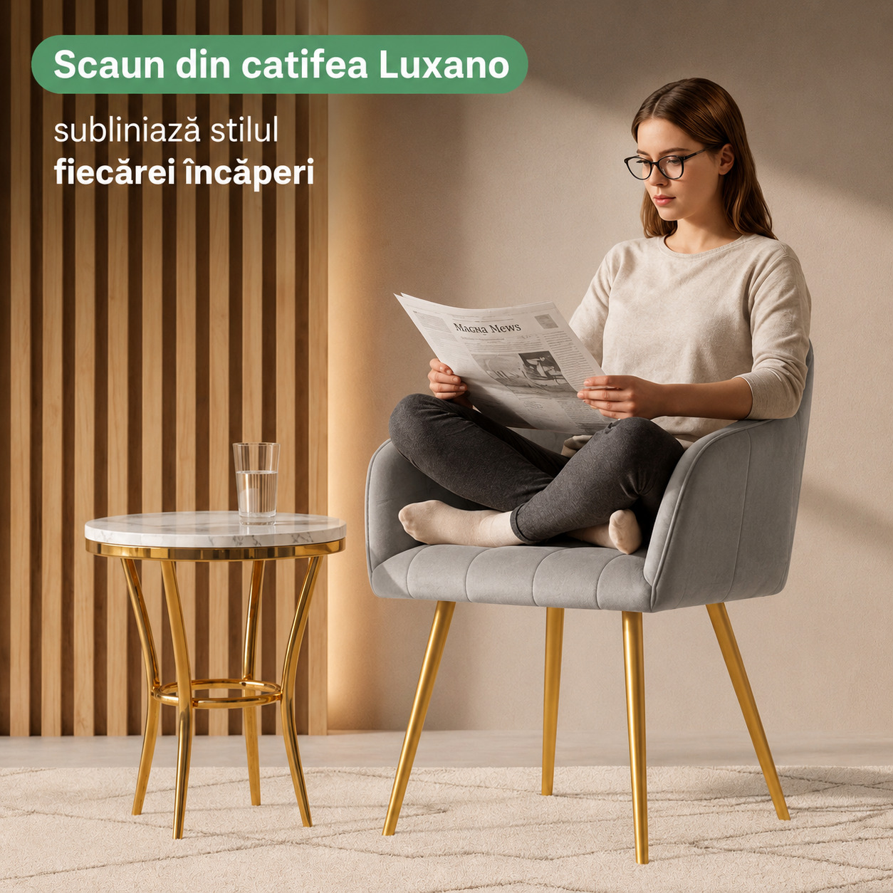 Set 2 scaune dining tapitate cu velur Luxano, cusaturi patrate, picioare aurii, 54x58x82 cm, gri - imagine 3