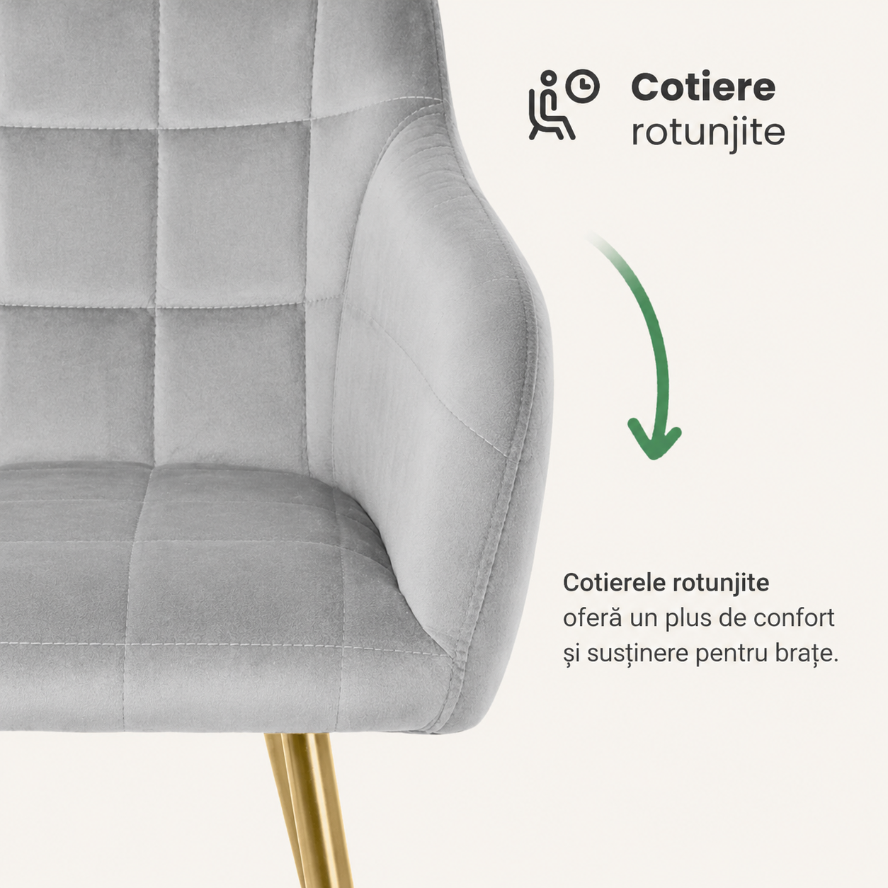 Set 2 scaune dining tapitate cu velur Luxano, cusaturi patrate, picioare aurii, 54x58x82 cm, gri - imagine 7
