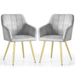 Set 2 scaune dining tapitate cu velur Luxano, cusaturi patrate, picioare aurii, 54x58x82 cm, gri