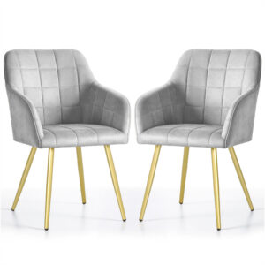 Set 2 scaune dining tapitate cu velur Luxano, cusaturi patrate, picioare aurii, 54x58x82 cm, gri