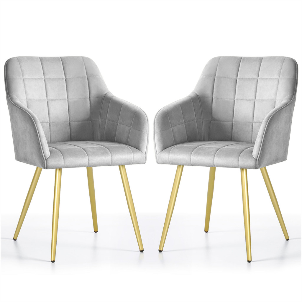Set 2 scaune dining tapitate cu velur Luxano, cusaturi patrate, picioare aurii, 54x58x82 cm, gri