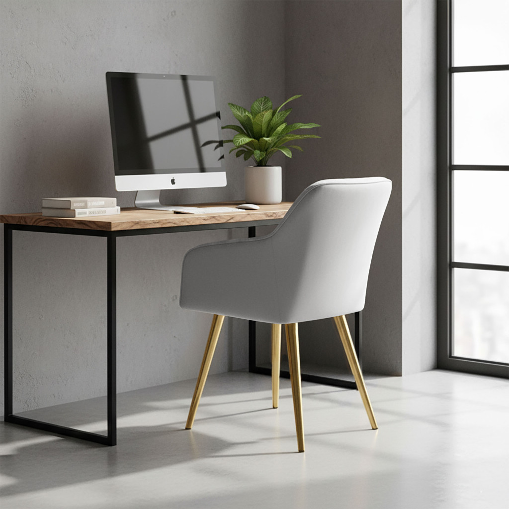 Set 2 scaune dining tapitate cu velur Luxano, cusaturi patrate, picioare aurii, 54x58x82 cm, gri - imagine 10