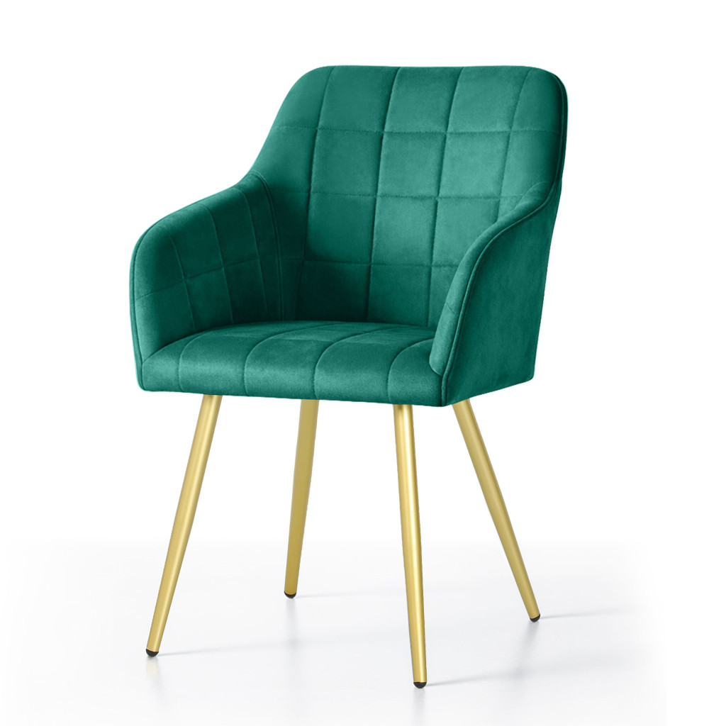 Set 2 scaune dining tapitate cu velur Luxano, cusaturi patrate, picioare aurii, 54x58x82 cm, verde - imagine 2