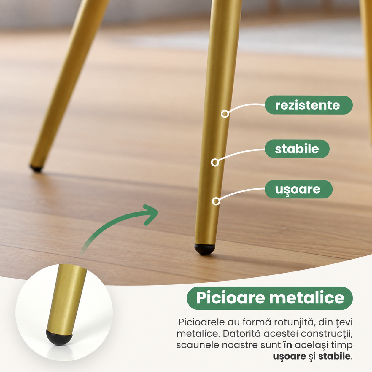 Set 2 scaune dining tapitate cu velur Luxano, cusaturi patrate, picioare aurii, 54x58x82 cm, verde - imagine 3