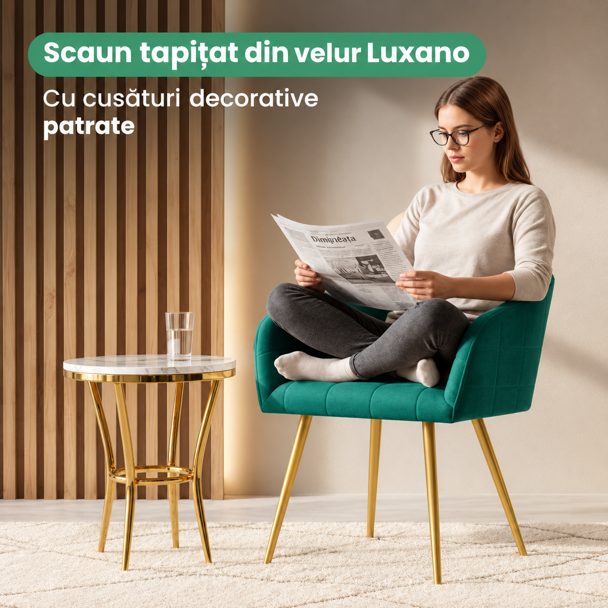 Set 2 scaune dining tapitate cu velur Luxano, cusaturi patrate, picioare aurii, 54x58x82 cm, verde - imagine 5