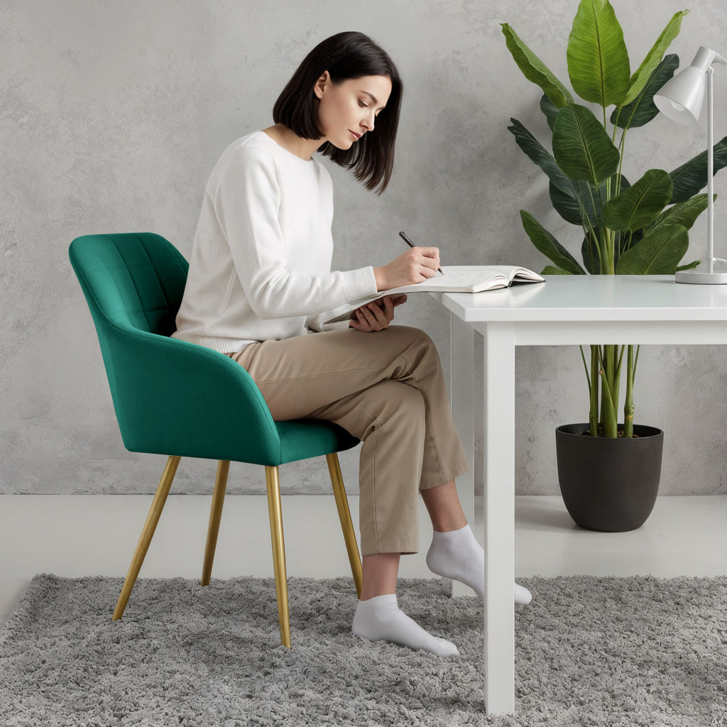 Set 2 scaune dining tapitate cu velur Luxano, cusaturi patrate, picioare aurii, 54x58x82 cm, verde - imagine 8
