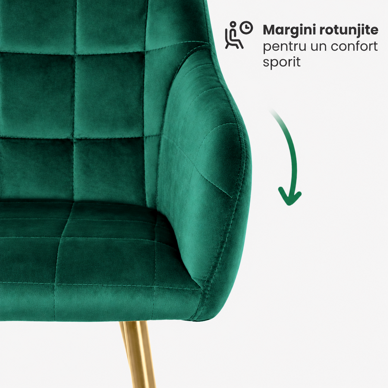 Set 2 scaune dining tapitate cu velur Luxano, cusaturi patrate, picioare aurii, 54x58x82 cm, verde - imagine 9