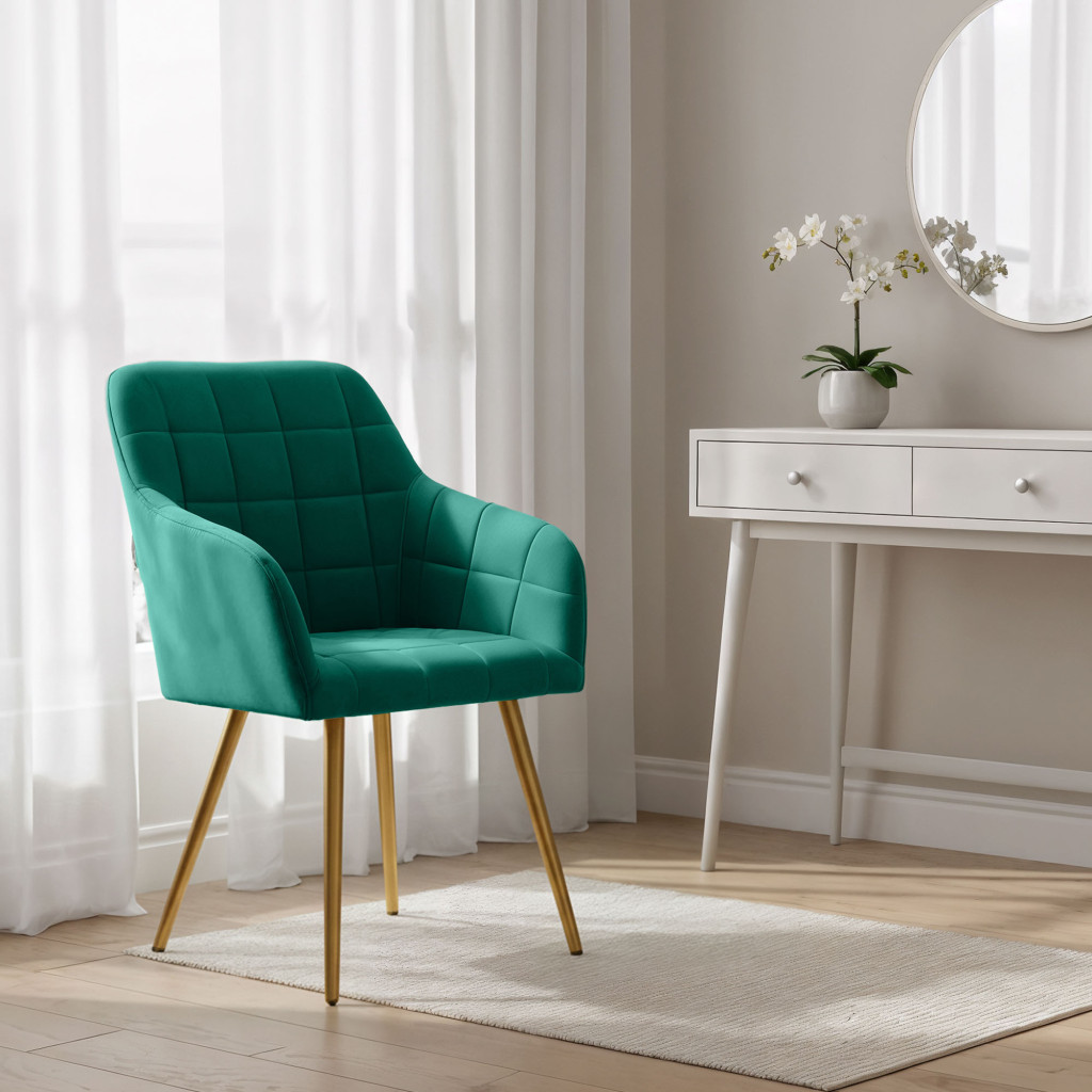Set 2 scaune dining tapitate cu velur Luxano, cusaturi patrate, picioare aurii, 54x58x82 cm, verde - imagine 12