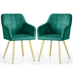 Set 2 scaune dining tapitate cu velur Luxano, cusaturi patrate, picioare aurii, 54x58x82 cm, verde