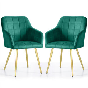 Set 2 scaune dining tapitate cu velur Luxano, cusaturi patrate, picioare aurii, 54x58x82 cm, verde