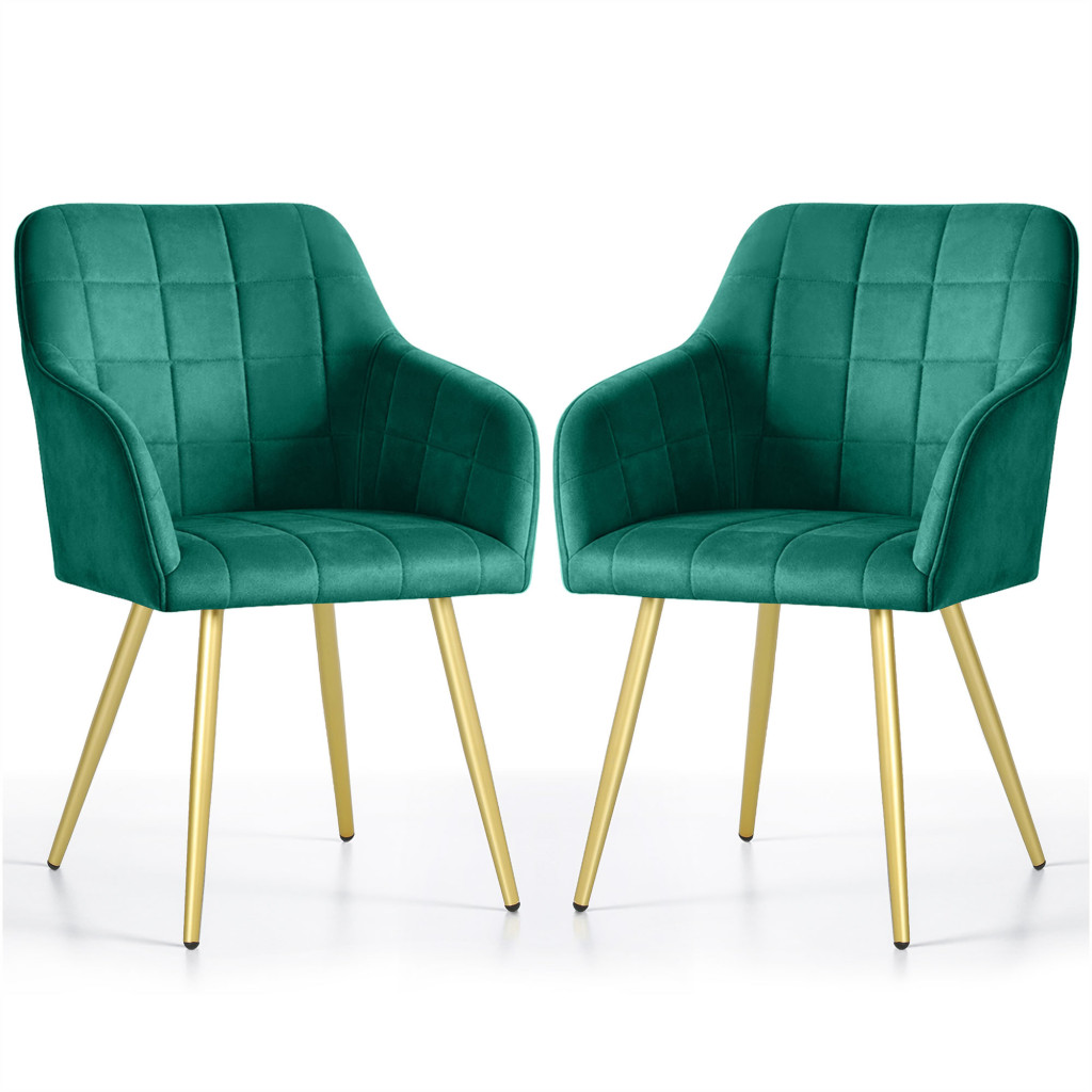 Set 2 scaune dining tapitate cu velur Luxano, cusaturi patrate, picioare aurii, 54x58x82 cm, verde