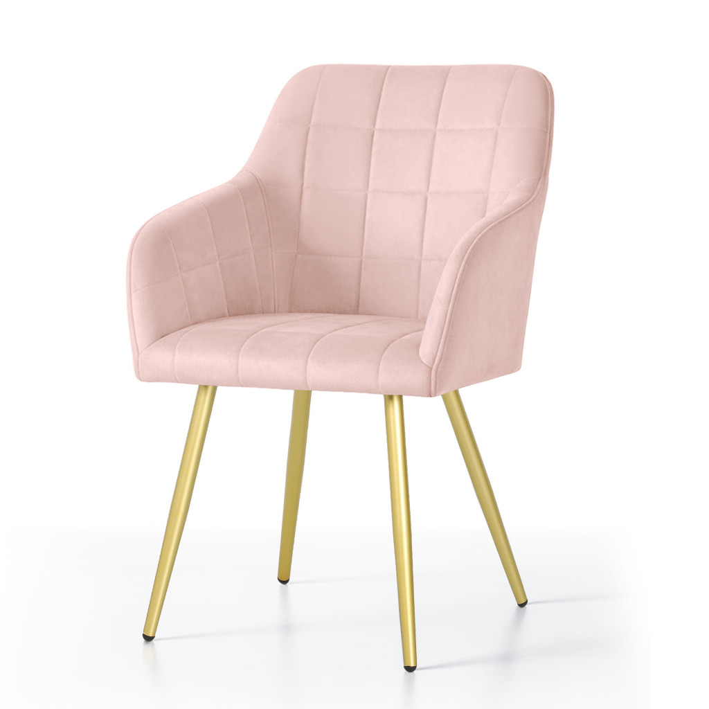 Set 2 scaune dining tapitate cu velur Luxano, cusaturi patrate, picioare aurii, 54x58x82 cm, roz - imagine 2